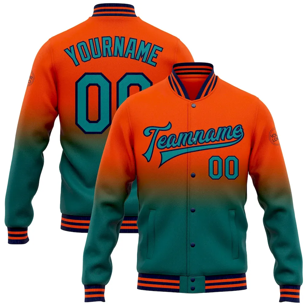 Jacket2192.webp Custom Orange Teal-Navy Bomber Full-Snap Varsity Letterman Fade Fashion Jacket - Image 1